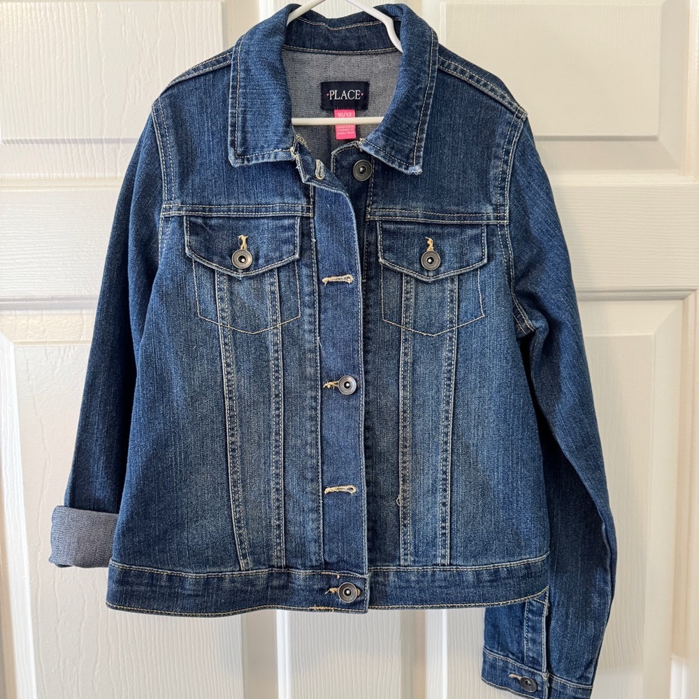 The Children's Place Girls Dark Blue Denim Jacket Classic Style Size: L 10/12
